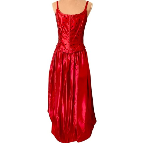 Jessica McClintock Vintage 90s Red Satin Corset Ball Gown Whimsigoth 9/10 Small - Picture 1 of 13
